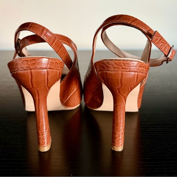 Brown Croc-Embossed Ankle-Strap Pointed Toe Pumps - Picture 4 of 11